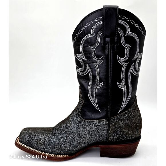 VTG J.B. Dillon Black Leather Western Boots Calf Hair Print Square Toe Womens 7B - Picture 4 of 9